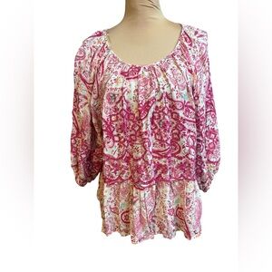 Penelope Rose Peplum Paisley Embroidered Eyelet Tunic Pink White Large